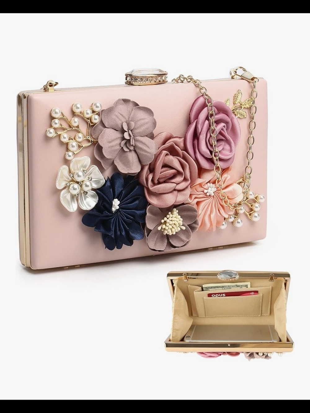 Elegant Pink Floral Appliqué Beads Evening Clutch Bridal Wedding